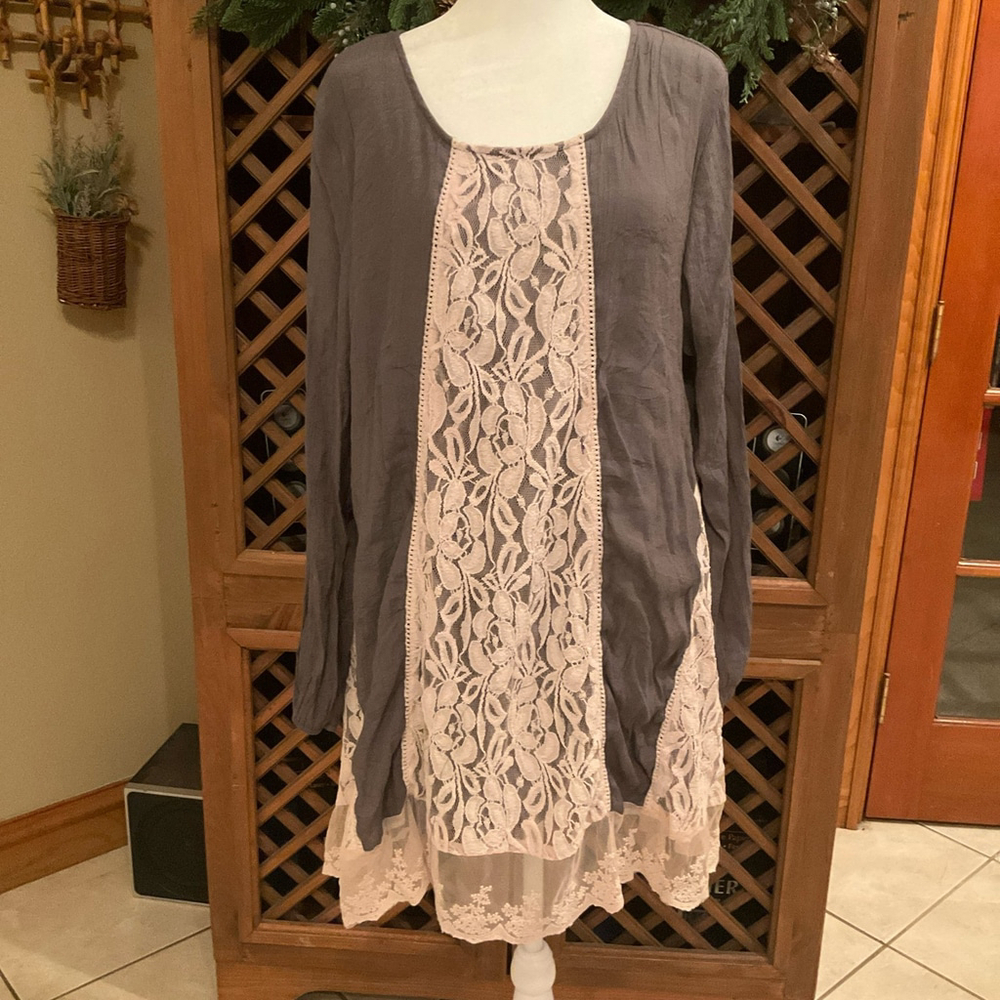 Indigo Soul Boho Cottage Core Lace Panel Tunic Dress Top Womens XL
